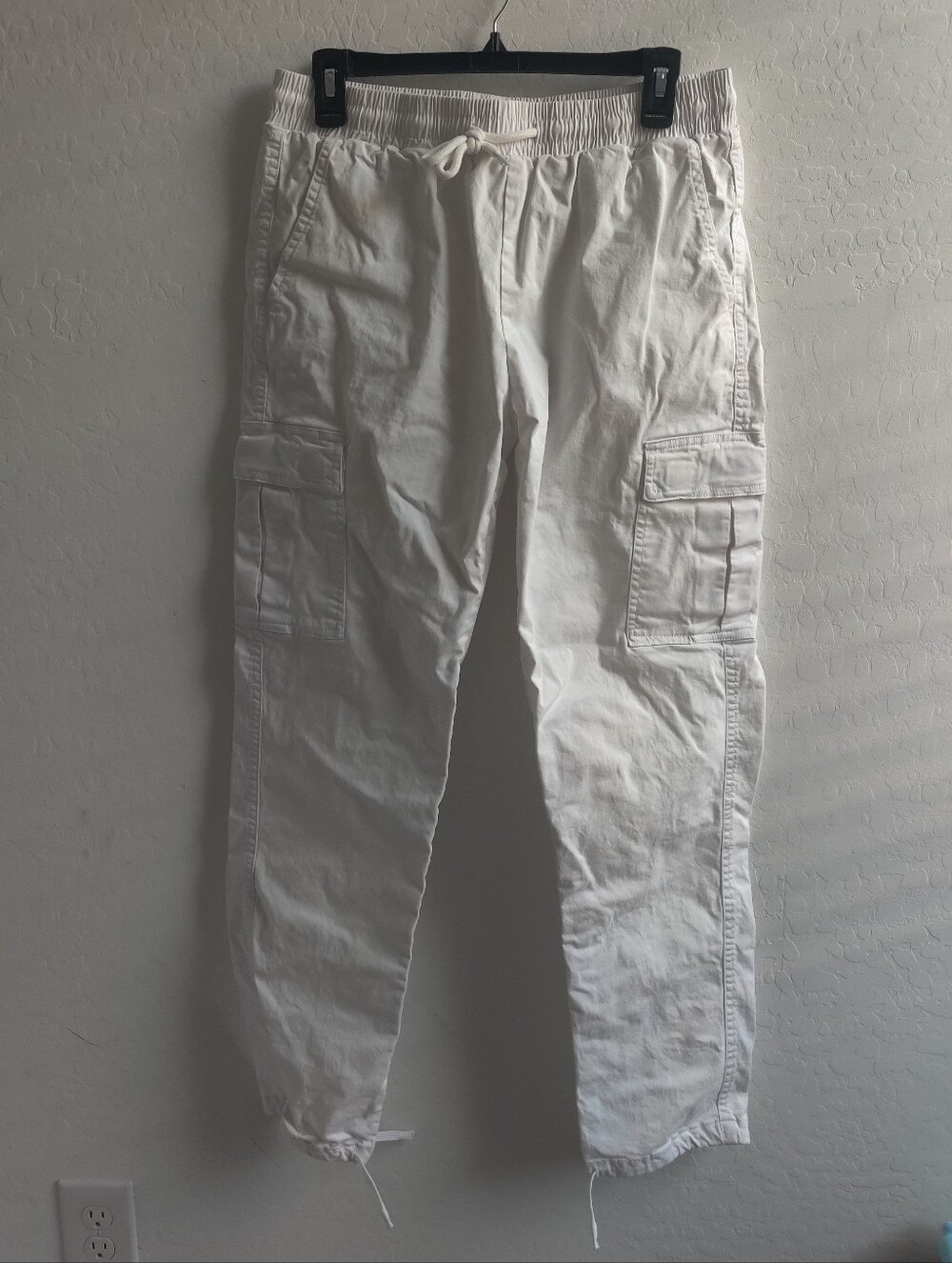 Unisex White Cotton Cargo Elastic Waistband Drawstring Trousers_32